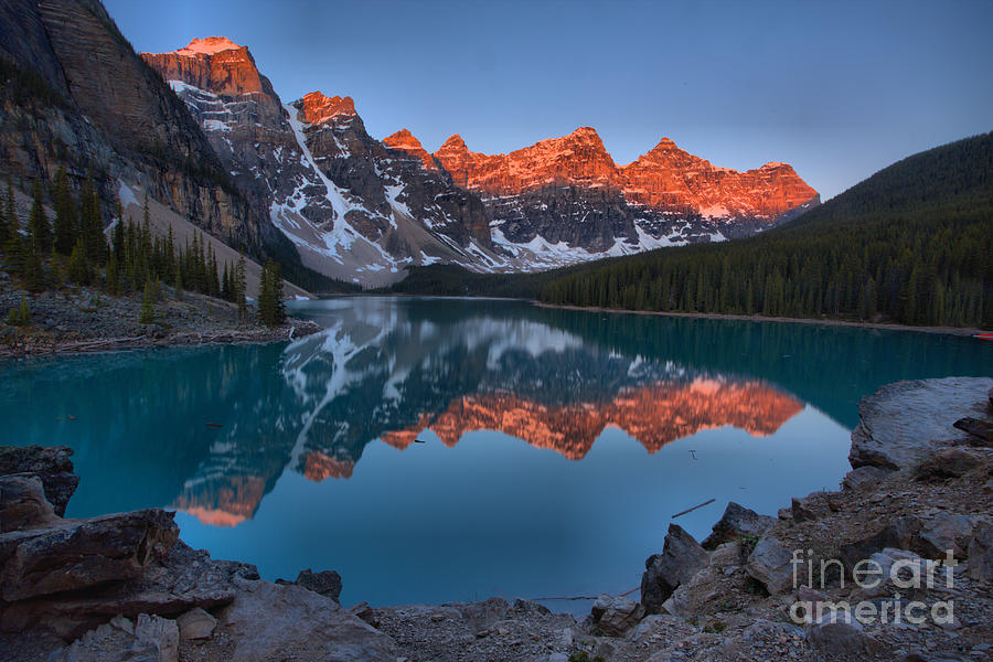 Moraine Lake Sunrise Reflections Over The Rocks Photograph by Adam Jewell