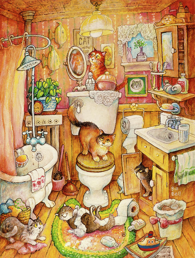 Animal Painting - More Bathroom Cats by Bill Bell