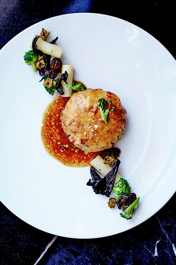 Morel Cream With Crust,gravy,black Mushrooms And Fried Capers Photograph by Amiel