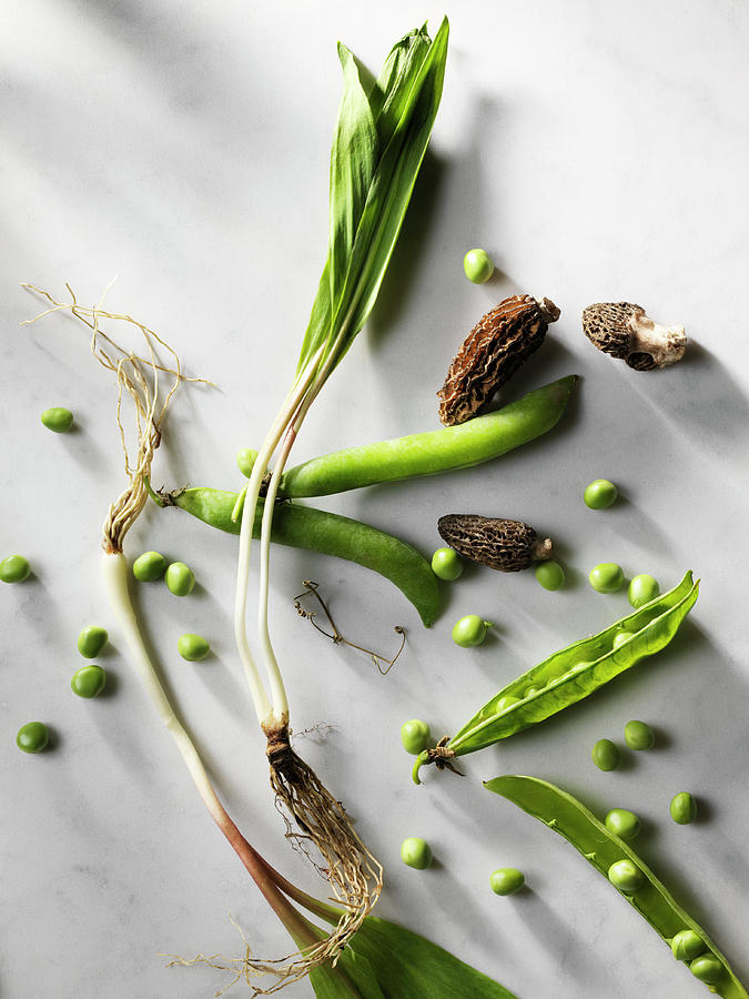 Morels, Ramps And Peas On Marble Photograph by Flashlight Studio