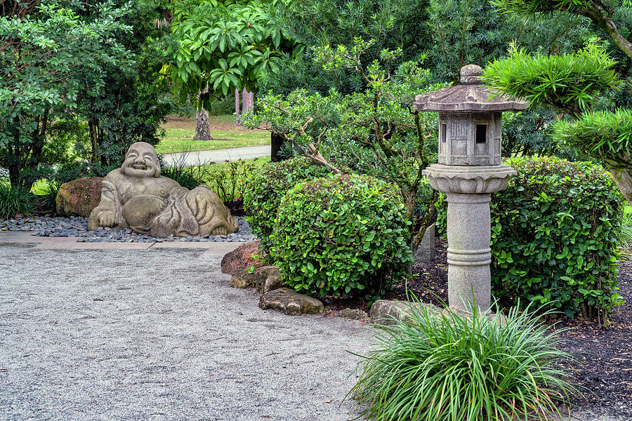 Buddha Digital Art - Morikami Museum And Japanese Gardens, Reclining Buddha And Japanese Lantern by Laura Zeid