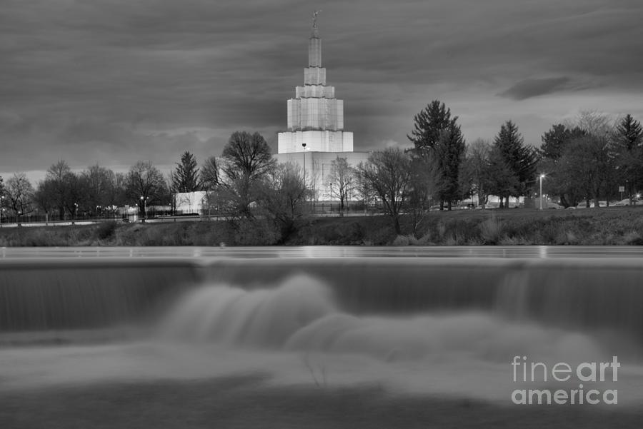 Mormon Temple Over The Falls Black And White Photograph by Adam Jewell