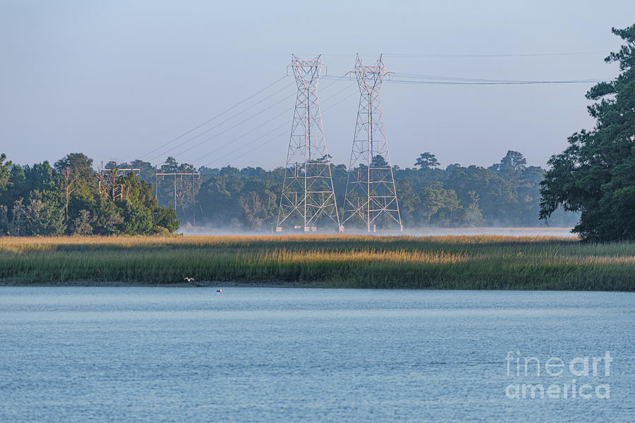 Morning Fog - Power Lines over the Wando River Photograph by Dale Powell