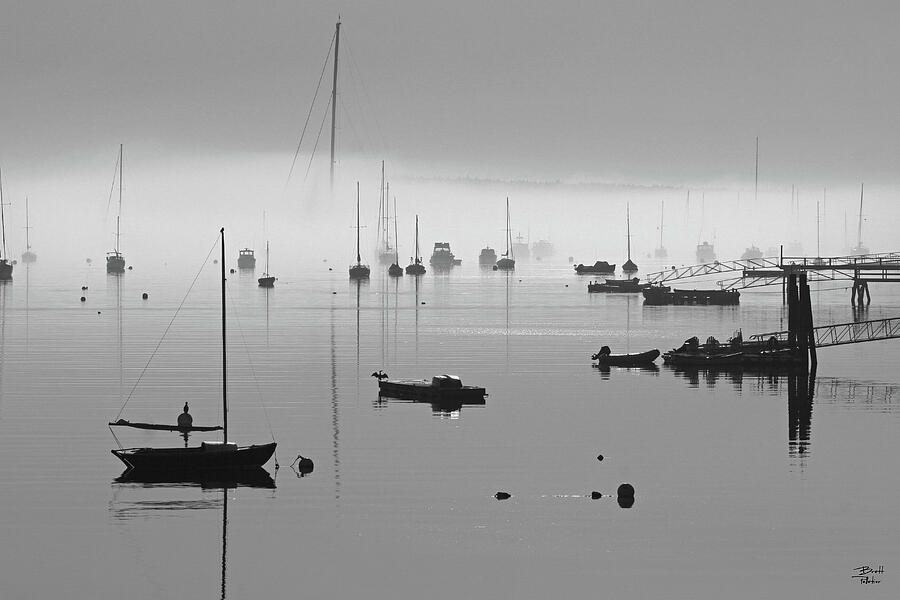 Morning Fog with Sailboats- Southwest Harbor - Acadia National Park, Maine Photograph by Brett Pelletier