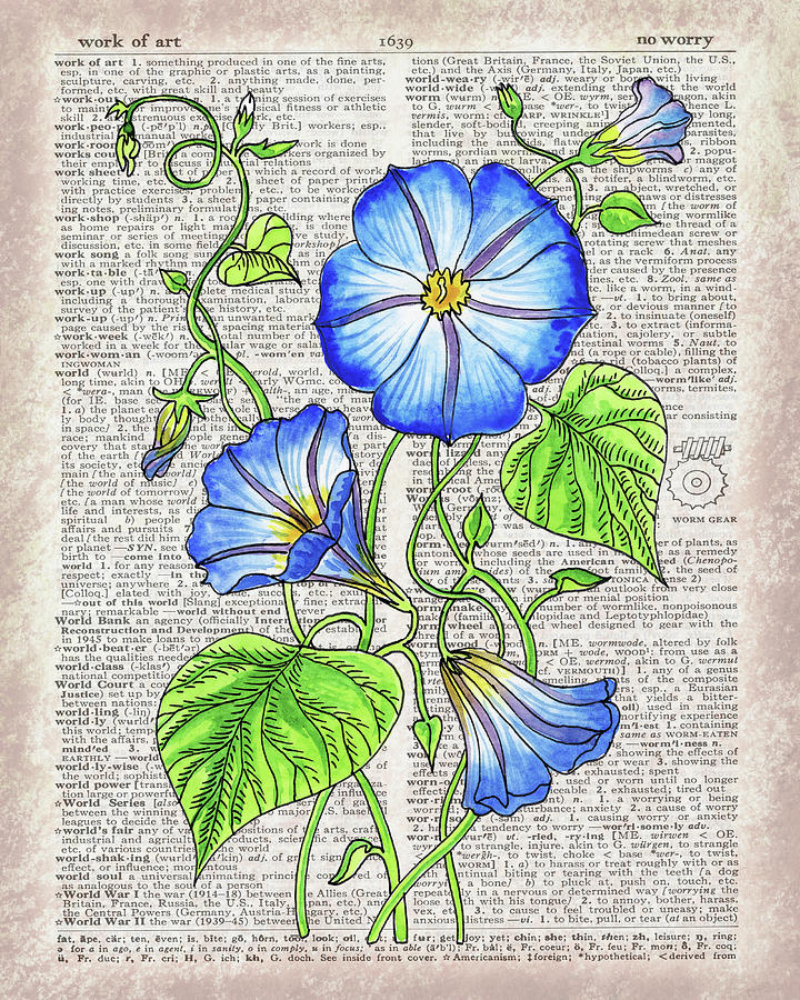 Morning Glory Dictionary Page Watercolor Artwork Painting by Irina Sztukowski