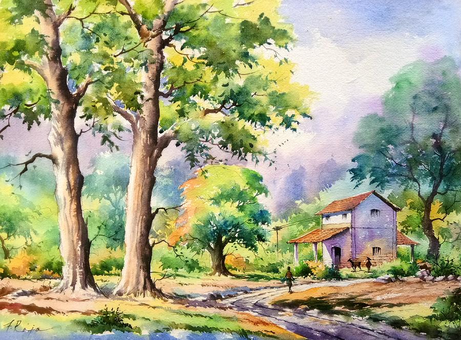Morning in village Painting by Raja Artist