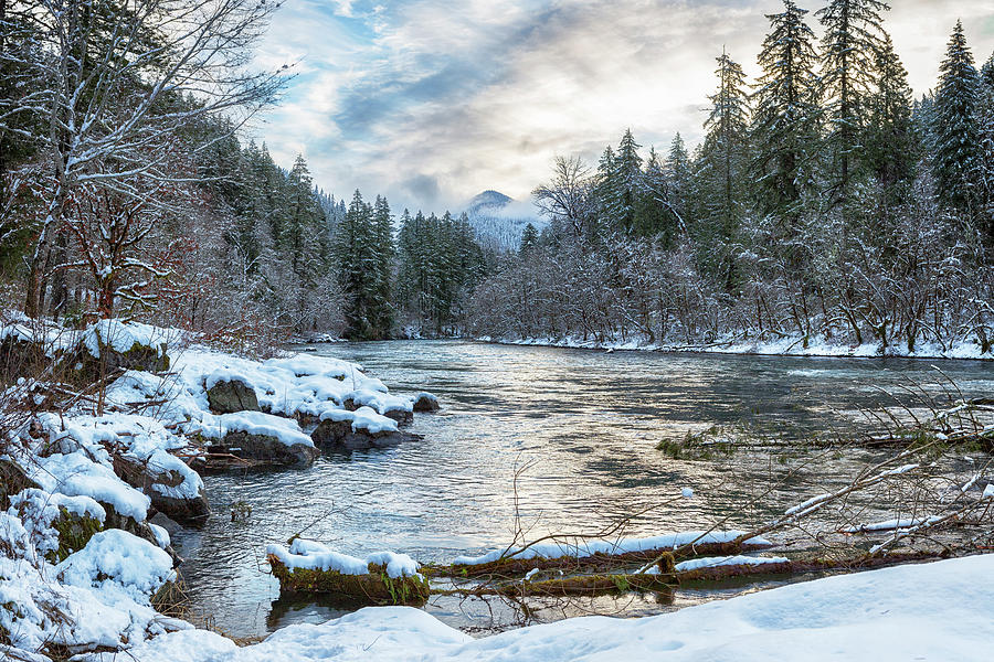 Morning on the McKenzie River Between Snowfalls by Belinda Greb Morning on the McKenzie River Between Snowfalls by Belinda Greb