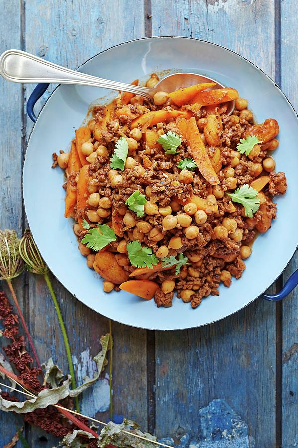 Moroccan Minced Lamb With Chickpeas, Peaches And Carrots Photograph by Martin Dyrlv