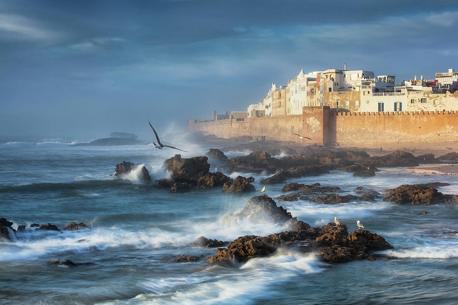 Morocco, Essaouira, Atlantic Ocean, View Of The Old Town On The Atlantic Coast In The Evening Light Digital Art by Michael Breitung