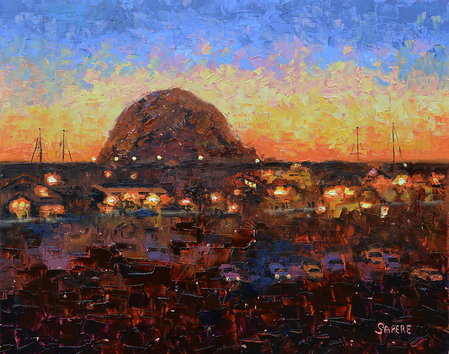 Morro Bay Night Lights Painting by Lynee Sapere