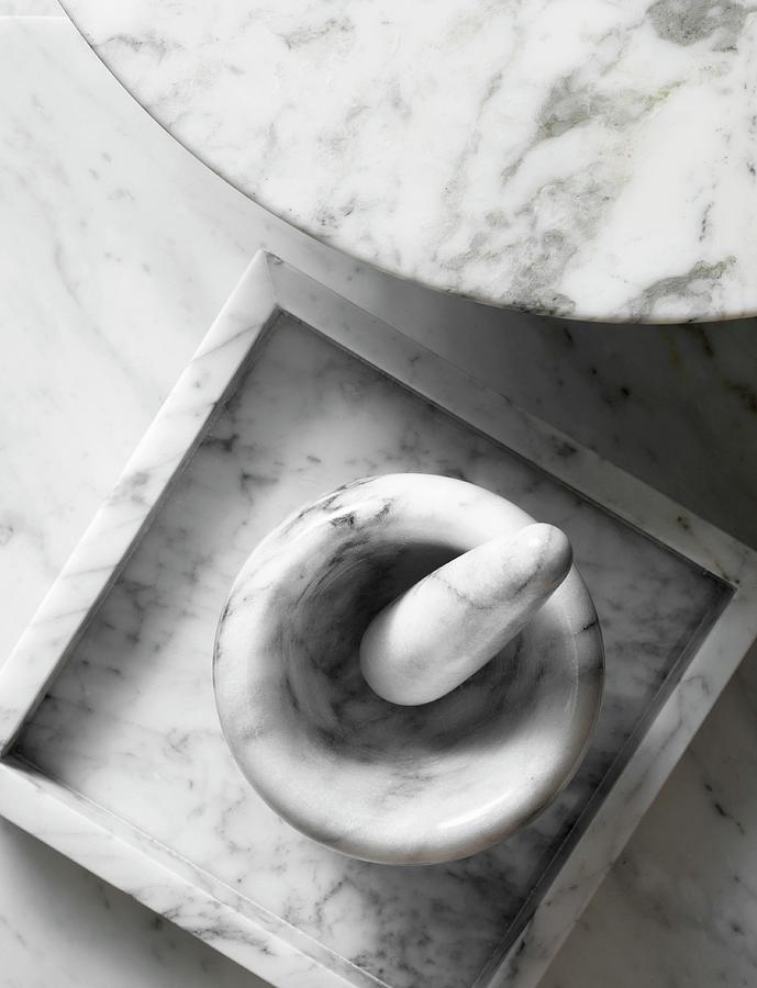 Mortar And Pestle, Dish And Table Top Made From White Marble Photograph by Anderson Karl