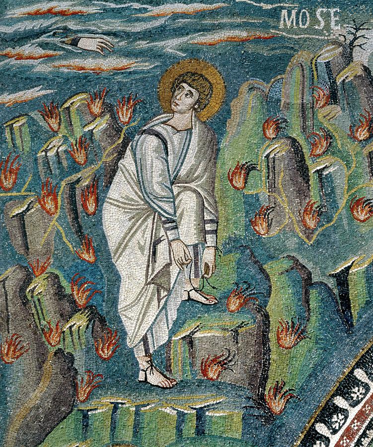Byzantine Painting - Mosaic of Moses loosening sandal on Mt. Horeb or Sinai at Gods command from burning bush in Basi... by Album