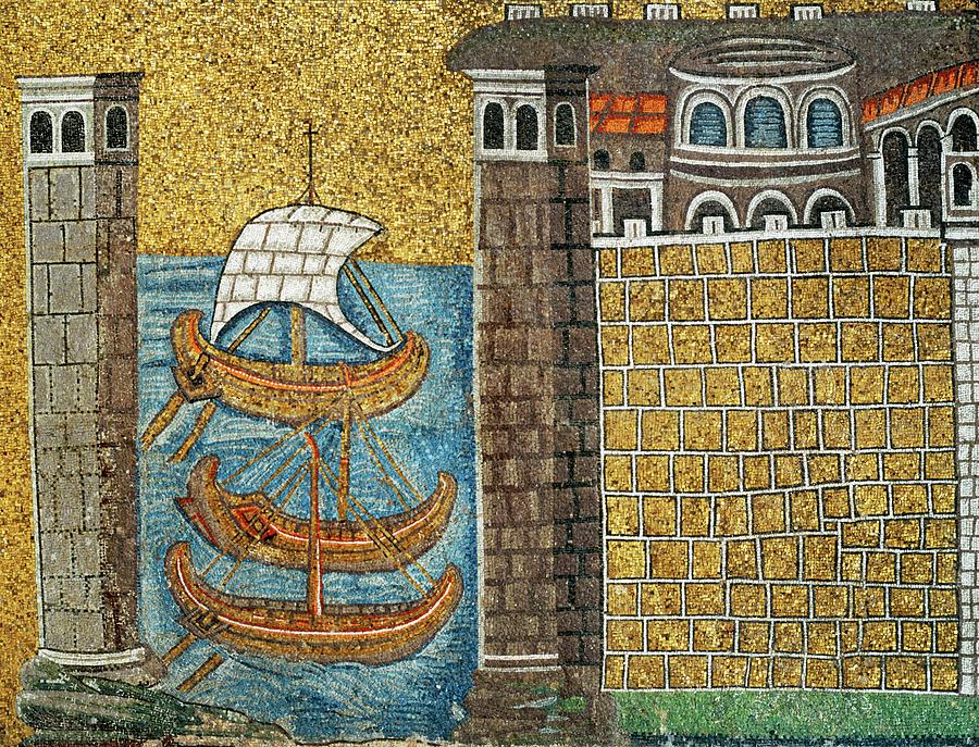 Byzantine Painting - Mosaic of Roman Port of Classis -Classe- with battlemented castle and ships in harbour in Saint A... by Album
