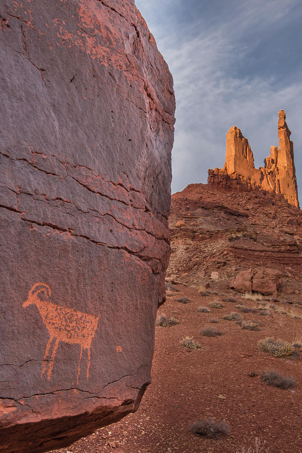 Moses And Zeus Spires And Petroglyph Photograph by Jeff Foott