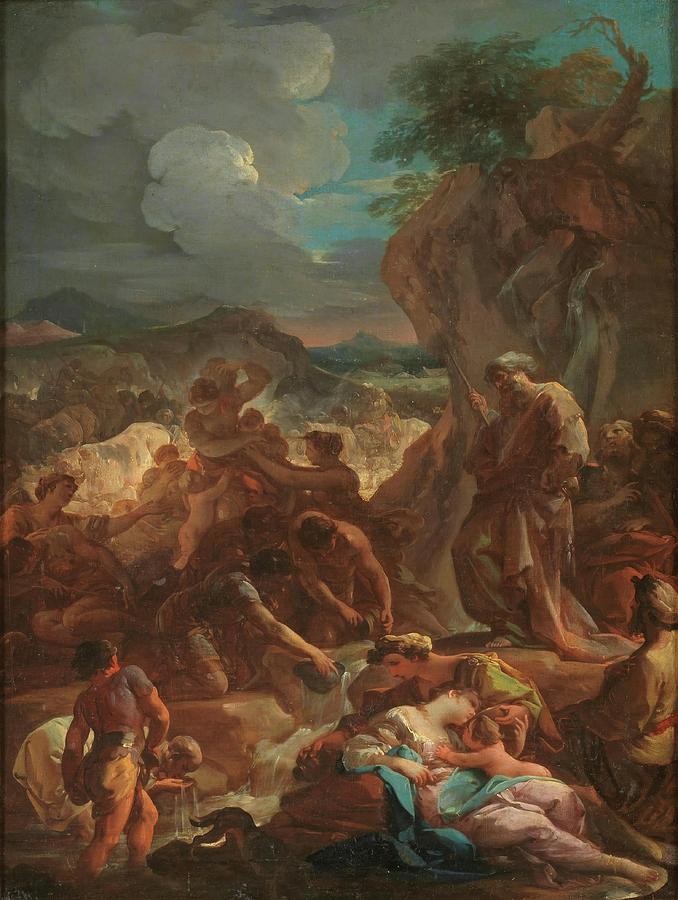 Corrado Giaquinto Painting - Moses Striking Water from the Rock. 1743 - 1744. Oil on canvas. by Corrado Giaquinto -c 1703-1765-