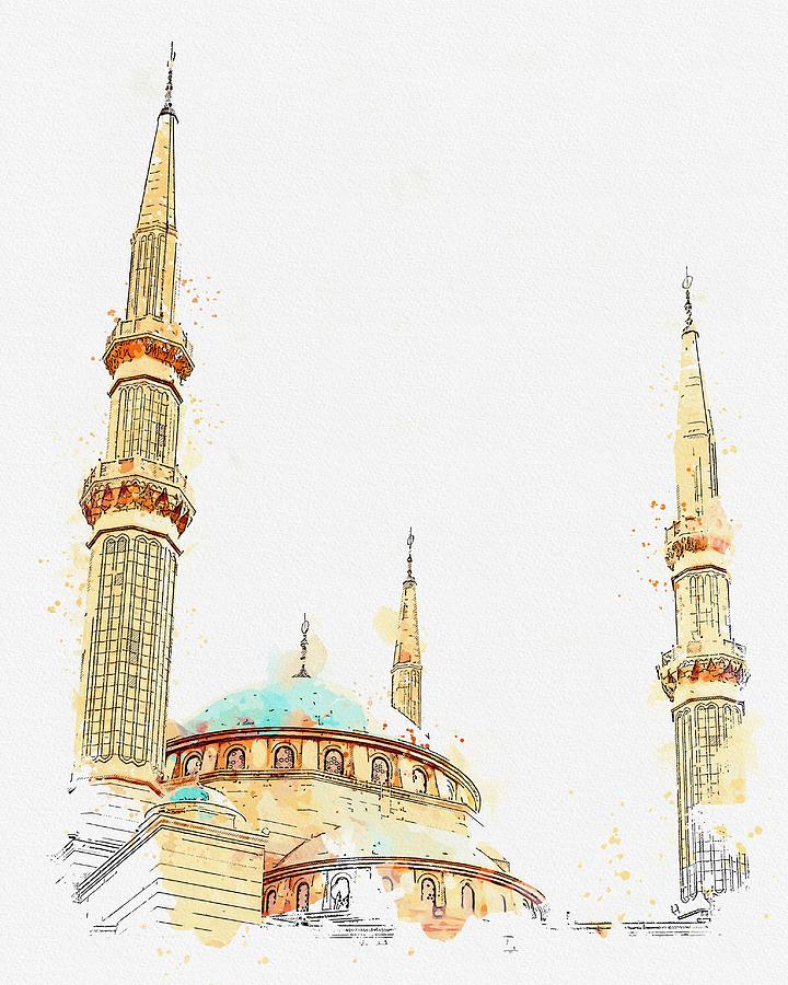 Mosque, Beirut, Lebanon  c2019,  c2019, watercolor by Adam Asar Painting by Celestial Images