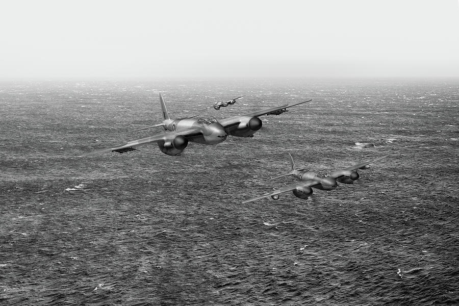 Mosquito fighter bombers over the North Sea BW version Photograph by Gary Eason