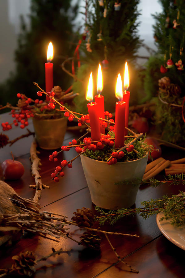 Moss, Candles And Holly Berries Held In Terracotta Pots With Wire Photograph by Martina Schindler