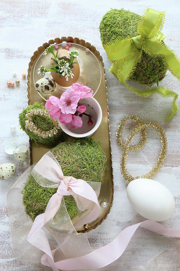 Moss Eggs With Ribbons And Gold And Pink Easter Decorations Photograph by Regina Hippel