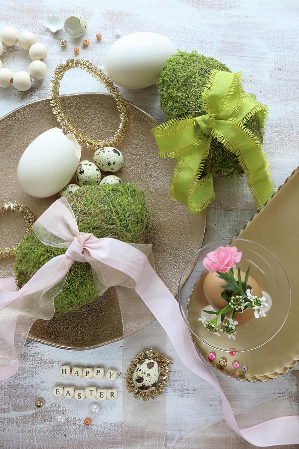 Moss Eggs With Ribbons And Gold Easter Decorations Photograph by Regina Hippel