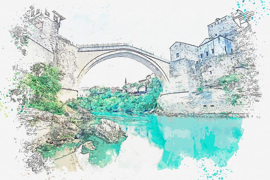 Mostar Wall Art Poster Bosnia and Herzegovina Watercolor Wall Art Mostar on a Sunny Day Watercolor Print