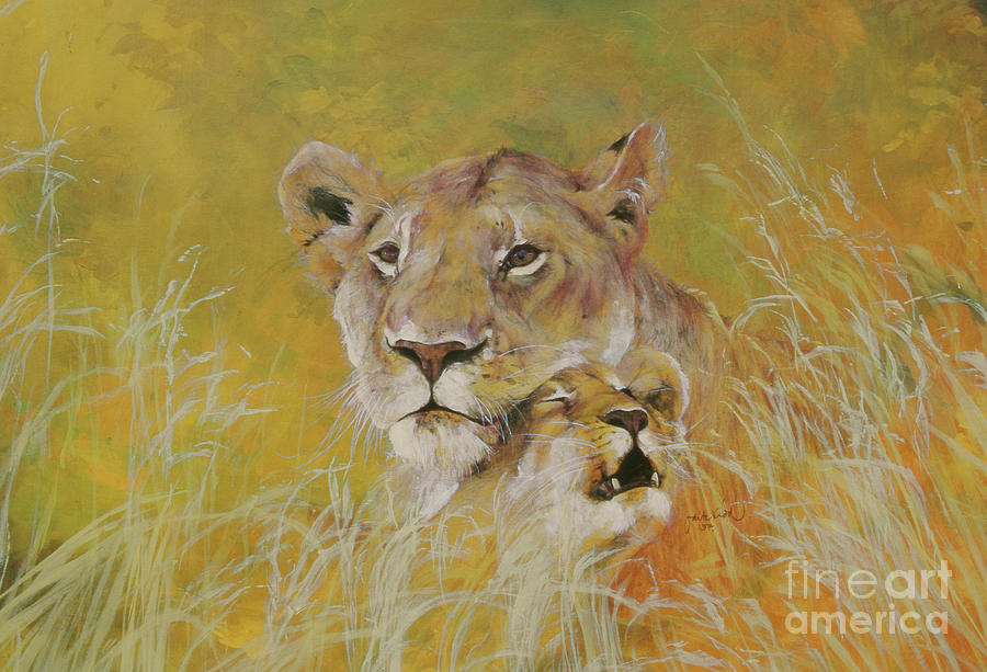Mother and Baby I Lions Painting by Odile Kidd