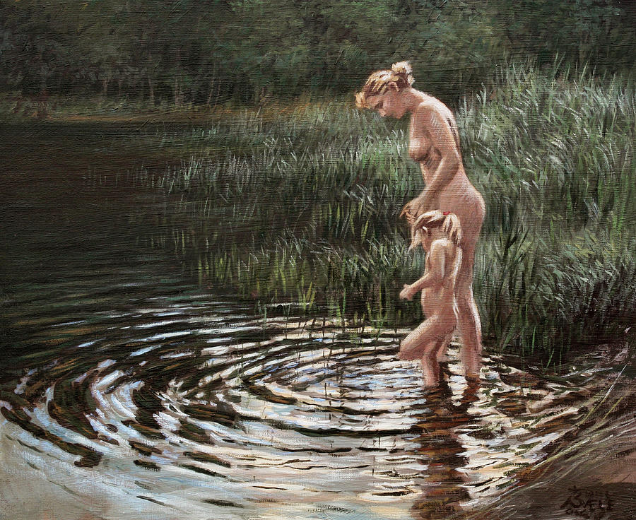 Mother and Child at the Lake of Gog Painting by Hans Egil Saele