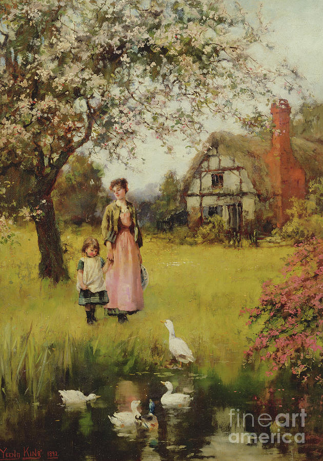 Mother and Child Watching the Ducks Painting by Henry John Yeend King
