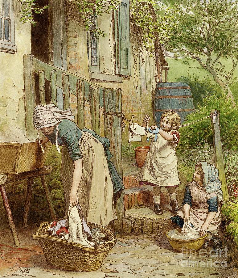 Cottage Painting - Mother and Children hanging out the Washing by Robert Barnes