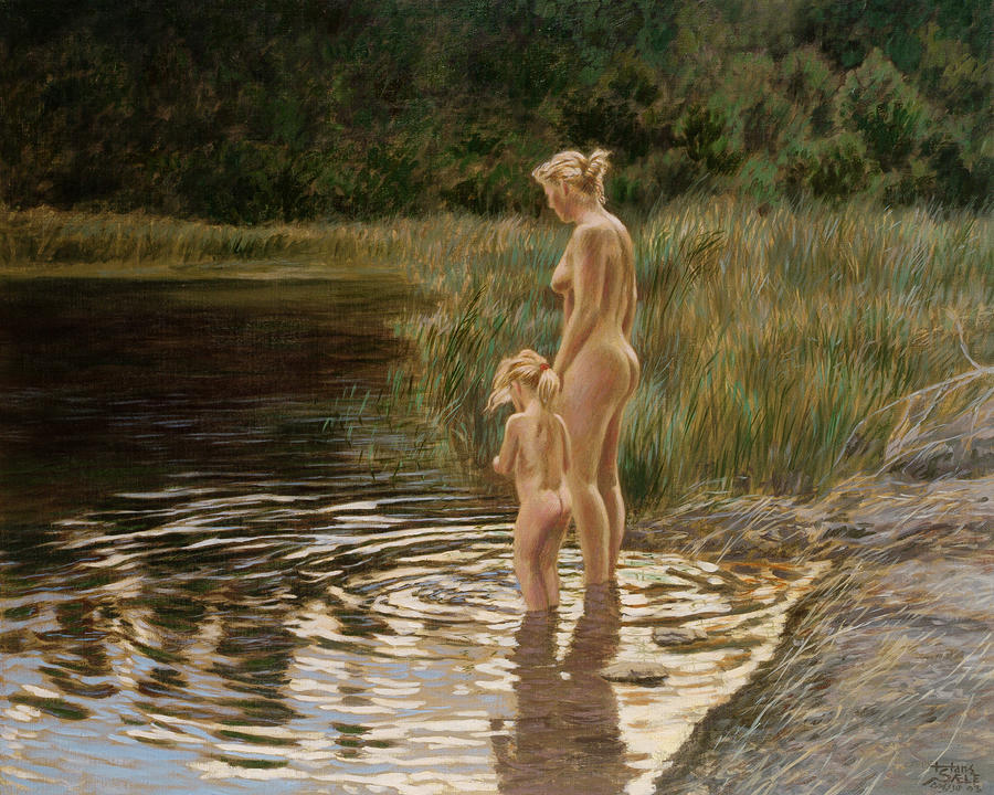 Mother and Daughter Wading in Lake of Gog Painting by Hans Egil Saele