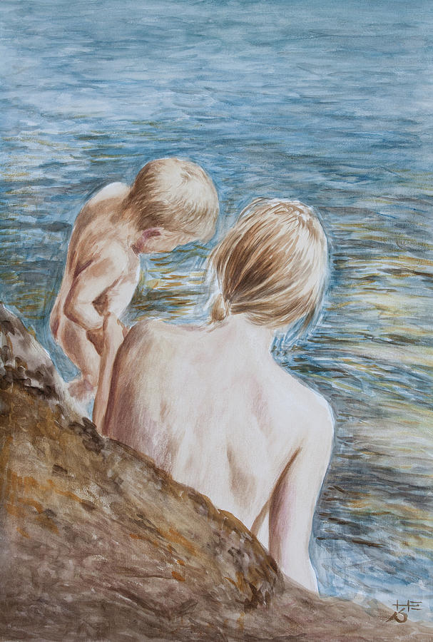 Mother and Son at the Seaside Painting by Hans Egil Saele
