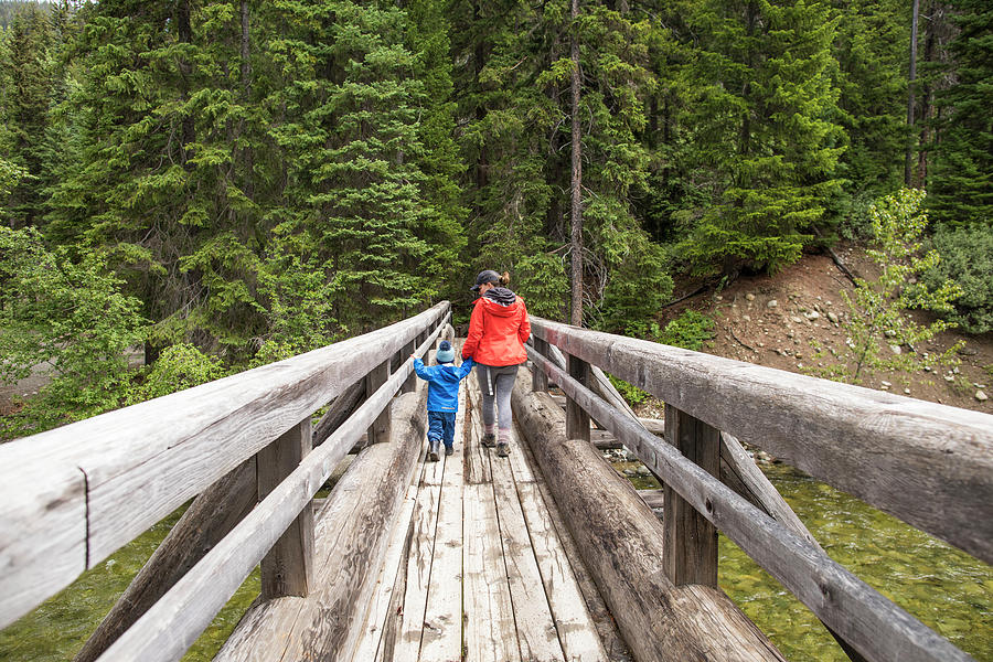 Nature Photograph - Mother And Son Hike Across A Wooden Bridge In Manning Provincial Park. by Cavan Images