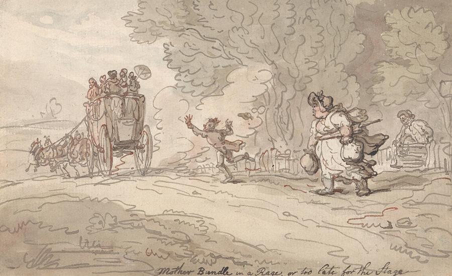 Mother Bundle in a Rage or Too late for the Stage Drawing by Thomas Rowlandson