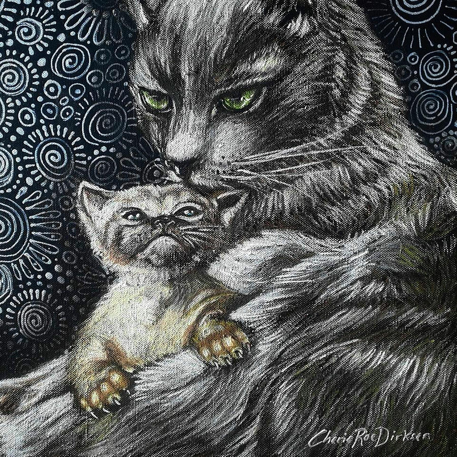 Pattern Painting - Mother Cat With Kitten by Cherie Roe Dirksen