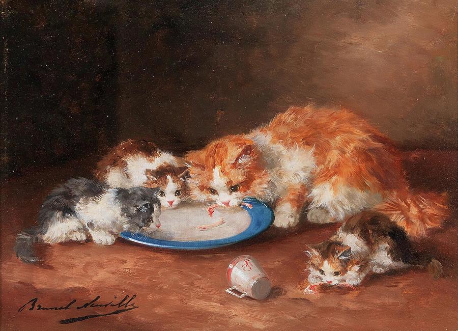 Mother Cat With Three Kittens Painting by Alfred Arthur Brunel Mother Cat With Three Kittens Painting by Alfred Arthur Brunel