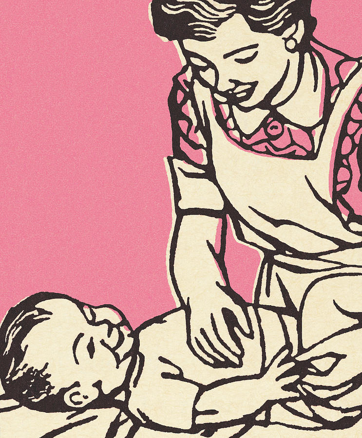 Vintage Drawing - Mother Changing a Babys Diaper by CSA Images