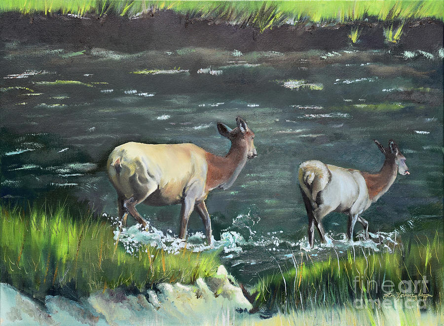 Yellowstone National Park Painting - Mother Elk and Calf by Jan Dappen