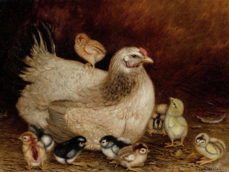 Animal Painting - Mother Hen And Chicks by Ben Austrian
