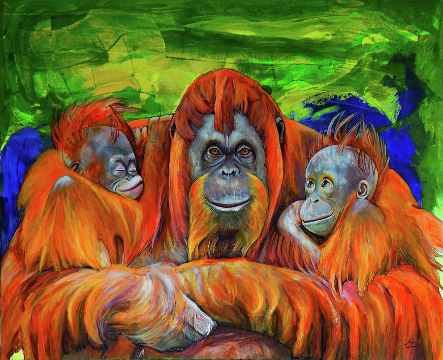 Mother Orangutan with babies Painting by Koro Arandia