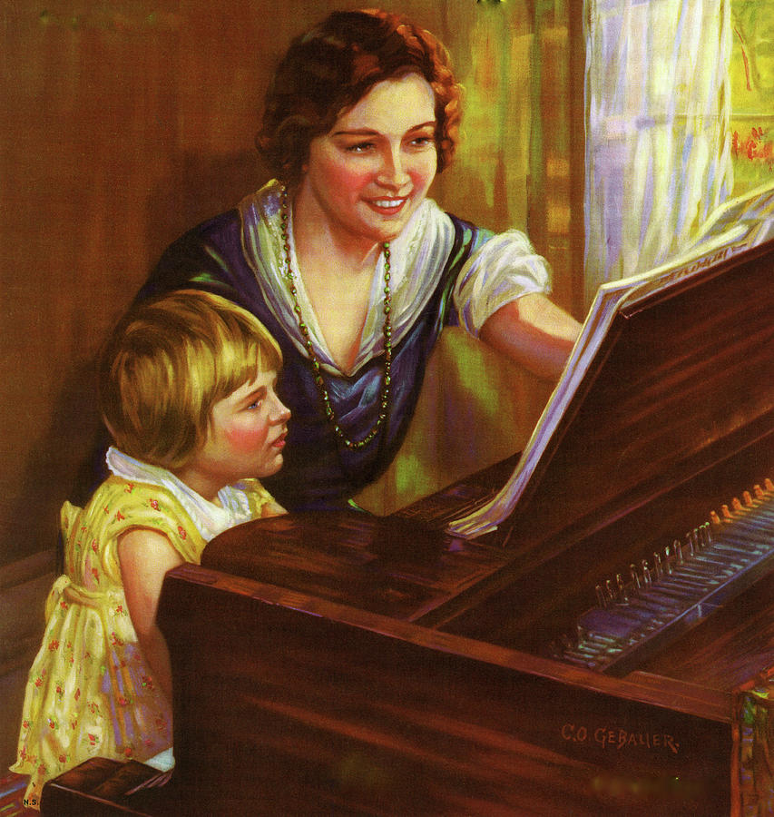 Mother Teaches her daughter the Piano Painting by C.O. Gebauer - Fine ...