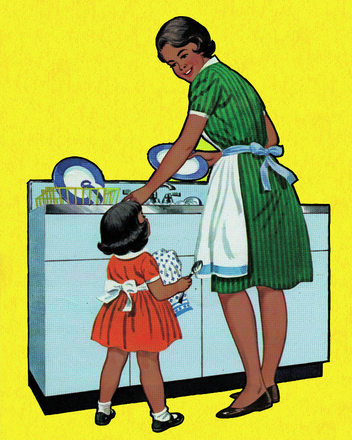 Vintage Drawing - Mother Washing the Dishes by CSA Images
