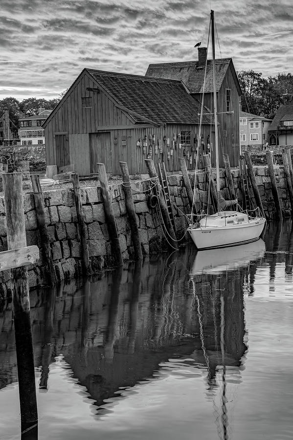 Black And White Photograph - Motif 1 in New England Rockport Harbor - Black and White by Gregory Ballos