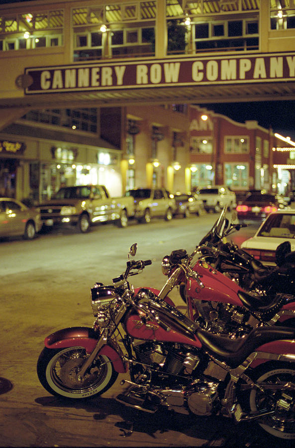 Motor Bikes And Cars Parking At Cannery Road At Night, Monterey, California, Usa, America Photograph by Peter Von Felbert