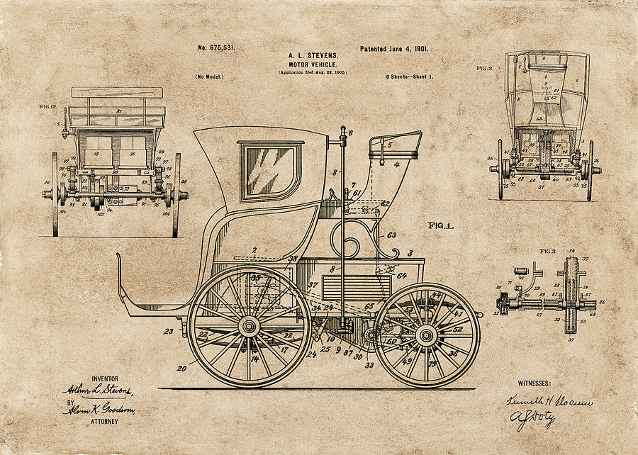 Motor Car 1901 Patent Drawing by Carlos Diaz Motor Car 1901 Patent Drawing by Carlos Diaz