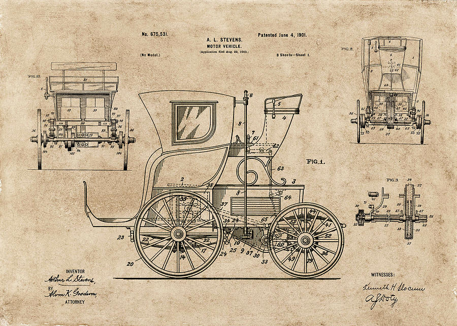 Motor Car 1901 Patent Drawing Digital Art by Carlos Diaz