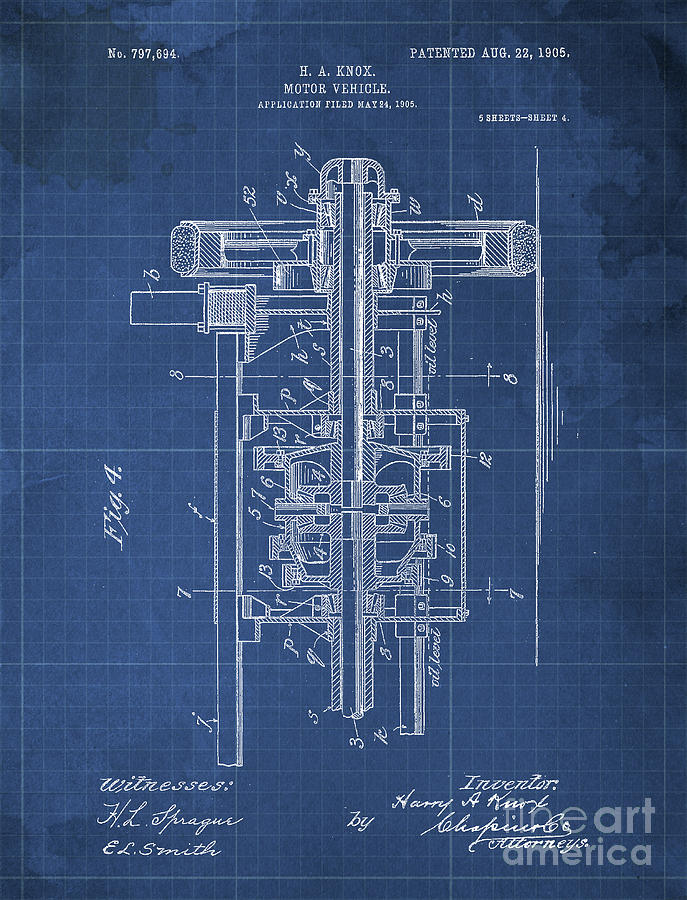 Blueprint Drawing - Motor Vehicle Patent 1905 Blueprint Blue Background by Drawspots Illustrations Blueprint Drawing - Motor Vehicle Patent 1905 Blueprint Blue Background by Drawspots Illustrations