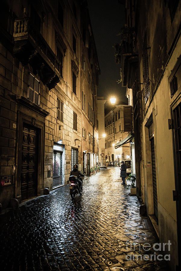 Motorbike in Narrow Street at Night in Rome in Italy Photograph by Andreas Berthold