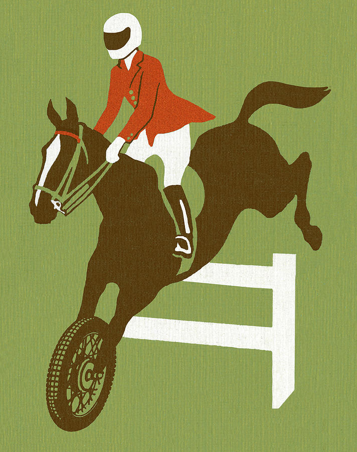 Sports Drawing - Motorcycle Horse and Rider Jumping Over Fence by CSA Images