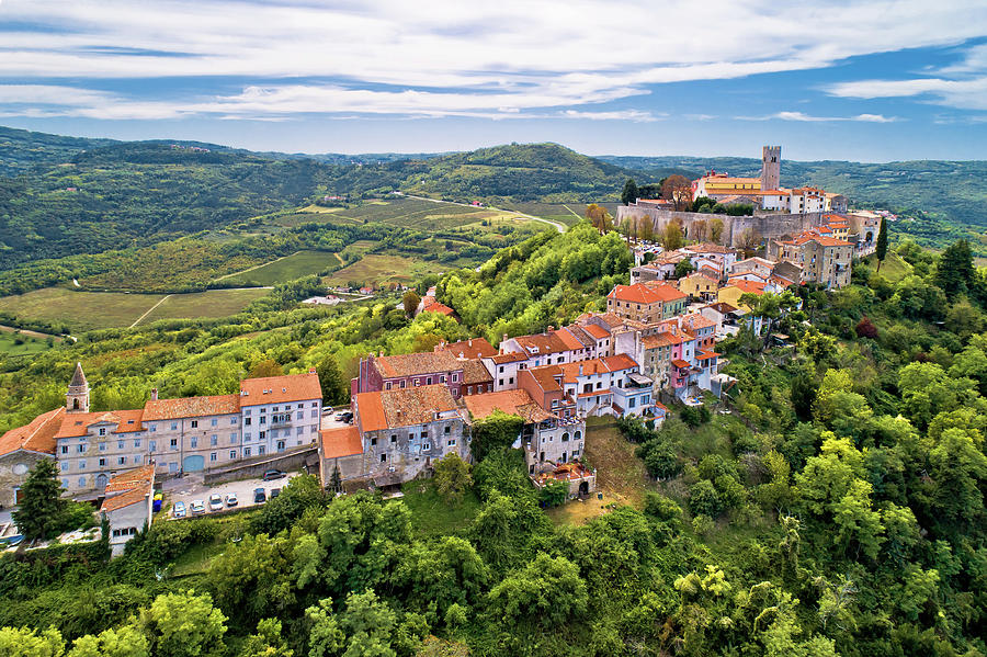 Motovun. Aerial view of idyllic hill town of Motovun and Mirna r Photograph by Brch Photography
