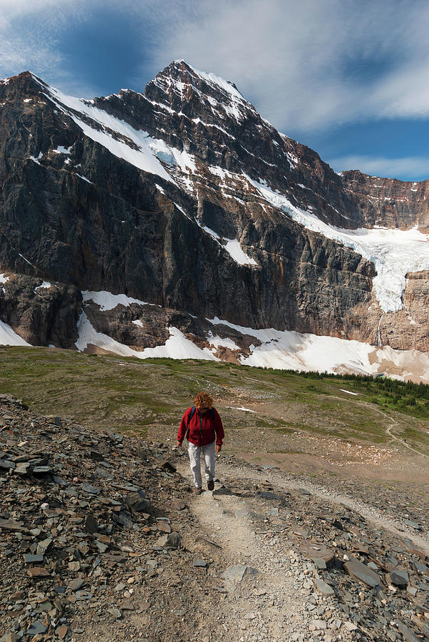 Mount Edith Cavell, Hiker On Trail Photograph by John Elk Iii